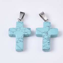 Synthetic Turquoise Synthetic Turquoise Pendants, with Stainless Steel Peg Bails, Cross, Stainless Steel Color, 28~30x18x6mm, Hole: 7x3.5mm