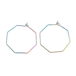 Rainbow Color Ion Plating(IP) 316 Stainless Steel Hoop Earrings Findings, Wine Glass Charms Findings, Octagon, Rainbow Color, 31x31.5x0.7mm