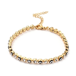 Black Flat Round with Evil Eye Link Chain Bracelet, Clear Cubic Zirconia Tennis Bracelet, Brass Jewelry for Women, Golden, Black, 7-1/8 inch(18.2cm)