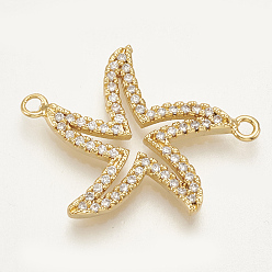Golden Brass Micro Pave Cubic Zirconia Links, Starfish/Sea Stars, Clear, Golden, 24.5x19x2mm, Hole: 1.4mm