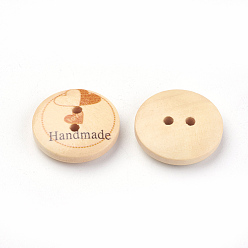 Персиковый Слойка 2 отверстия печатных деревянные кнопки, плоский круглый с рисунком и словом, розовые, 20x5 мм, отверстие : 1.5 мм