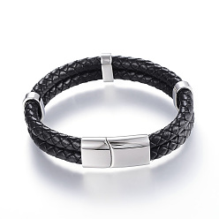 Черный Плетеный кожаный шнур mkulti-strand браслеты, с 304 из нержавеющей стали магнитной застежкой, чёрные, 8-5/8 дюйм (220 мм) x 12~15x6~9 мм