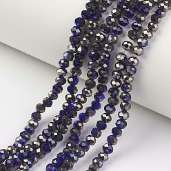 Bleu Marine Plaquent verre transparent perles brins, demi-plaqué noir, facette, rondelle, bleu marine, 4x3mm, Trou: 0.4mm, Environ 123~127 pcs/chapelet, 16.5~16.9 pouce (42~43 cm)