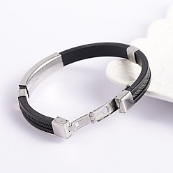 Noir PU la mode des bracelets de cuir cordon, avec 304 inoxydable charmes curseur en acier et fermoirs de bracelet, noir, 68x54mm