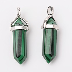 Malachite Dyed Synthetic Malachite Pointed Pendants, with Platinum Tone Random Alloy Pendant Hexagon Bead Cap Bails, Bullet, 36~40x12mm, Hole: 3x4mm, Gemstone: 8mm in diameter