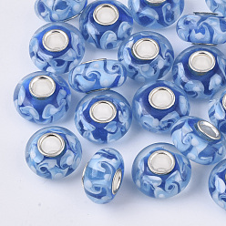 Синий Бусины лэмпворк европейского стиля , бусины с большим отверстием, с серебристым покрытием из латуни, рондель, синие, 14x7.5 мм, отверстие : 4 мм