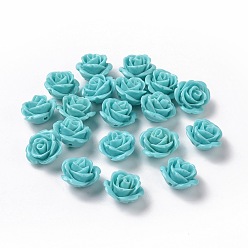 Aigue-marine Corail synthétique 3 d fleur rose perles, teint, aigue-marine, 14~15x9mm, Trou: 1.5mm