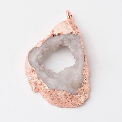 Rose Gold Natural Geode Agate Druzy Slice Pendants, Nuggets, with Brass Findings, Rose Gold, 18~48x28~70x6~9mm, Hole: 2mm