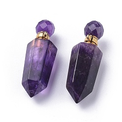 Amethyst Faceted Natural Amethyst Openable Perfume Bottle Pointed Pendants, with Golden Plated 304 Stainless Steel Findings, Bullet, 44~46x15x13~13.5mm, Hole: 1.8mm, Bottle Capacity: 1ml(0.034 fl. oz)