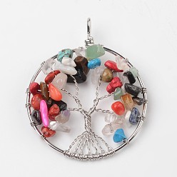 Mixed Stone Tree of Life Mixed Stone Big Pendants, with Brass Findings, Platinum, 63~65x49~51x8~10mm, Hole: 8~10mm