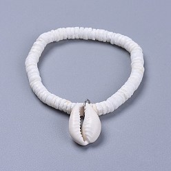 Shell Cowrie Shell Charm Bracelets, with Natural White Shell Beads, Burlap Paking Pouches Drawstring Bags, 2 inch(5.1cm)