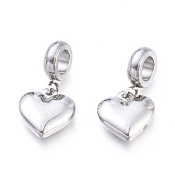 Stainless Steel Color 304 Stainless Steel European Dangle Charms, Large Hole Pendants, Heart, Stainless Steel Color, 23mm, Pendant: 12x12x4mm, Hole: 5mm