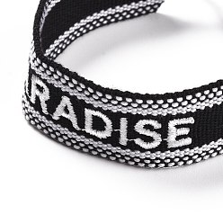 Black Word Paradise Polycotton(Polyester Cotton) Braided Bracelet with Tassel Charm, Flat Adjustable Wide Wristband for Couple, Black, Inner Diameter: 2~3-1/8 inch(5~8cm)