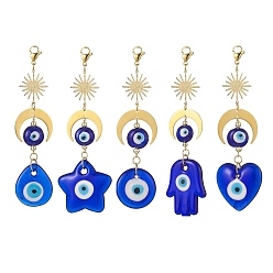 Dark Blue Handmade Evil Eye Lampwork Pendant Decoration Sets, Sun and Moon Charm Decoration, Teardrop & Star & Flat Round & Hamsa Hand & Heart, Dark Blue, 120~139mm, 5pcs/set