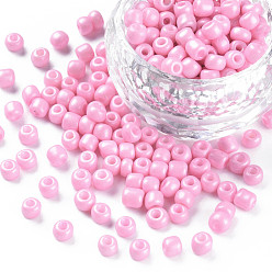 Бледно-Розовый 6/0 стакан бисер, окрашенная и подогревом, непрозрачных цветов, круглое отверстие, круглые, розовый жемчуг, 4~5x3~4 мм, отверстие : 1.2 мм, около 450 г / фунт