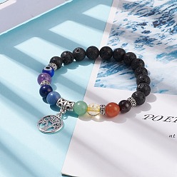 Mixed Stone Natural Lava Rock & Mixed Stone Stretch Bracelet with Lampwork Evil Eye, 7 Chakra Bracelet with Alloy Tree of Life Charms for Women, Inner Diameter: 2 inch(5.2cm)