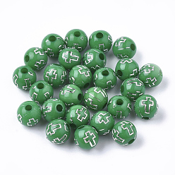Green Plating Acrylic Beads, Silver Metal Enlaced, Round with Cross, Green, 8mm, Hole: 2mm, about 1800pcs/500g