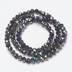 Black Electroplate Opaque Solid Color Glass Beads Strands, Half Plated, Rainbow Plated, Faceted, Rondelle, Black, 4x3mm, Hole: 0.4mm, about 123~127pcs/strand, 16.5~16.9 inch(42~43cm)