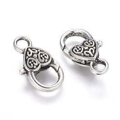 Antique Silver Tibetan Style Heart Lobster Claw Clasps, Cadmium Free & Nickel Free & Lead Free, Antique Silver, 26.5x14x6mm, Hole: 4mm