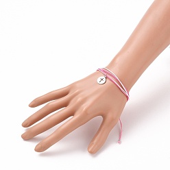 Pink Плетеные браслеты из вощеного полиэстера, с латунной бисера, 304 прелести нержавеющей стали, плоские круглые с крестом, розовые, внутренний диаметр: 2~3-3/4 дюйм (5.2~9.6 см)