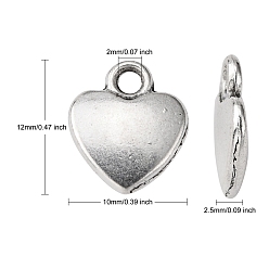 Antique Silver Tibetan Style Alloy Charms, Lead Free and Cadmium Free, Antique Silver, Heart, about 12mm long, 10mm wide, 2.5mm thick hole: 2mm