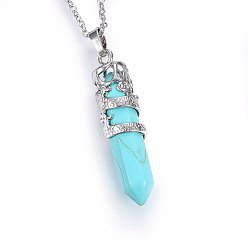 Synthetic Turquoise Synthetic Green Turquoise Pendant Necklaces, with 304 Stainless Steel Cable Chains, Bullet with Dragon, 19.68 inch(50cm), Pendant: 54x11mm
