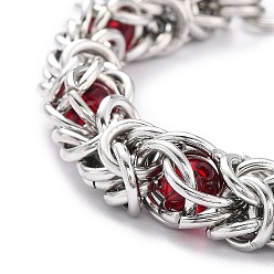 FireBrick 304 Stainless Steel Byzantine Chain Bracelet for Girl Women, Round Glass Beads Bracelet, FireBrick, 8-1/4~8-5/8 inch(21~22cm)
