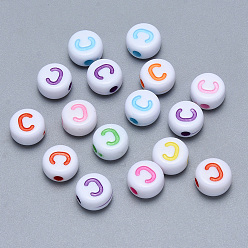 Letter C Craft Acrylic Horizontal Hole Letter Beads, Flat Round, Mixed Color, Letter.C, 7x3.5~4mm, Hole: 1.5mm, about 3600pcs/500g