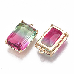 Coloré Pendentifs en verre deux tons, avec les accessoires en laiton, facette, rectangle, or, colorées, 20.5x13x8mm, Trou: 1.5mm