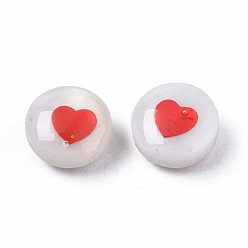 Red Natural Freshwater Shell Beads, with Enamel, Flat Round with Heart, Red, 8x4.5mm, Hole: 0.6mm