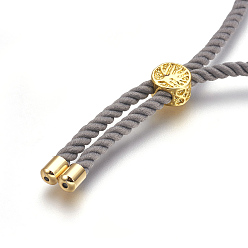 Dark Gray Cotton Cord Bracelet Making, with Brass Findings, Flat Round with Tree of Life, Real 18K Gold Plated, Dark Gray, 8-5/8 inch(22cm), Hole: 2mm