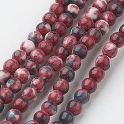 Rouge Foncé Blanc brins de perles de jade naturels, ronde, teint, rouge foncé, 4mm, Trou: 1mm, Environ 104 pcs/chapelet, 15.7 pouces (400 mm)