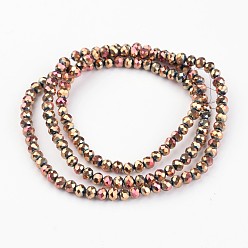 Rose Gold Plated Electroplate Glass Beads Strands, Faceted Rondelle, Rose Gold Plated, 3x2.5mm, Hole: 1mm, about 133pcs/strand, 13 inch