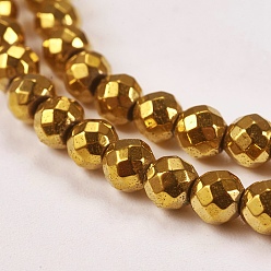 Golden Plated Electroplate Non-magnetic Synthetic Hematite Beads Strands, Faceted, Round, Grade A, Golden Plated, 4mm, Hole: 1mm, about 100pcs/strand, 16 inch