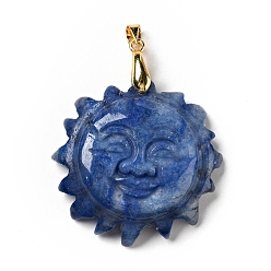 Blue Aventurine Natural Blue Aventurine Pendants, with Golden Tone Brass Findings, Lead Free & Cadmium Free, Sun with Smiling Face, 42x34~35x10.5mm, Hole: 3.8x5mm