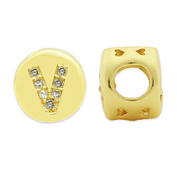 Letter V Laiton micro pavé de perles de zircone cubique claires, plat rond avec la lettre, letter.v, 7.5x6.5mm, Trou: 3.5mm, 3 pcs /sachet 