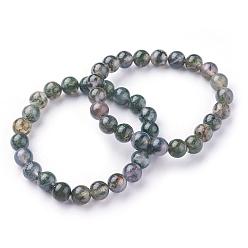 Moss Agate Natural Moss Agate Beads Stretch Bracelets, Round, 2 inch~2-1/8 inch(5.2~5.5cm), Beads: 8~9mm