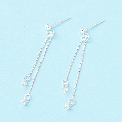 Silver 925 Sterling Silver Stud Earring Findings, Long Chain Tassel with Double Peg Bails, for Half Drilled Beads, Silver, 46mm, Pin: 0.7mm and 0.6mm(for half drilled beads)