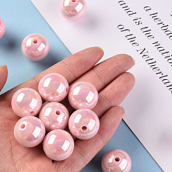 Rose Nacré Perles acryliques opaques, de couleur plaquée ab , ronde, perle rose, 20x19mm, Trou: 2~3mm, environ111 pcs / 500 g