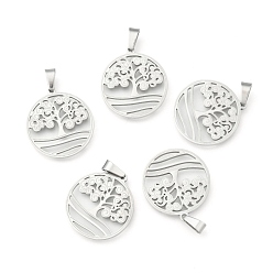 Stainless Steel Color 304 Stainless Steel Pendants, Flat Round with Tree, Stainless Steel Color, 27x25x2mm, Hole: 6x4mm