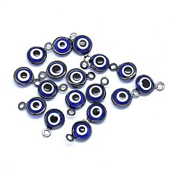Gunmetal Handmade Evil Eye Lampwork Charms, with Brass Findings, Flat Round, Blue, Gunmetal, 10x6.5x3mm, Hole: 1.5mm