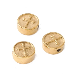 Golden Ion Plating(IP) 304 Stainless Steel Beads, Flat Round with Cross, Golden, 10.5x4.5mm, Hole: 1.8mm
