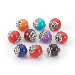Couleur Mélangete Perles Indonésiennes manuelles, avec les accessoires en métal, ronde, argent antique, couleur mixte, 12.5~14x14~15mm, Trou: 1.8mm