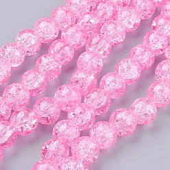 Rose Chaud Peint à la bombe verre craquelé perles brins, ronde, rose chaud, 10mm, Trou: 1.3~1.6mm, Environ 80 pcs/chapelet, 31.4 pouce
