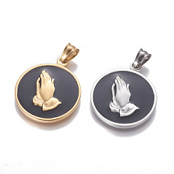 Mixed Color 304 Stainless Steel Pendants, with Enamel, Flat Round with Praying hands, Mixed Color, 38x32x3mm, Hole: 5x7mm