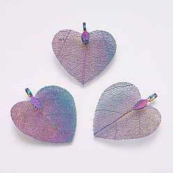 Lilas Pendentifs de feuilles naturelles, avec les accessoires en laiton, cœur, lilas, 45~48x40~41x0.6mm, Trou: 3x6mm
