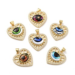 Mixed Color Heart Brass Micro Pave Clear Cubic Zirconia Pendants, with Resin Eyeball, Cadmium Free & Nickel Free & Lead Free, Real 18K Gold Plated, Mixed Color, 24x23x5mm, Hole: 3.5x5mm