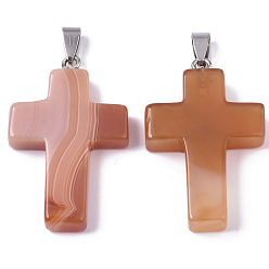 Carnelian Natural Carnelian Pendants, with Random Stainless Steel Snap On Bails, Dyed & Heated, Cross, 44~46x27~29x6~8mm, Hole: 4x8mm