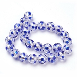 Blue Handmade Silver Foil Lampwork Beads Strands, Round, Polka Dot Pattern, Blue, 12mm, Hole: 1mm, 25pcs/strand, 11.2 inch