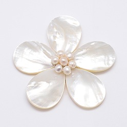 Floral White Natural White Shell Mother of Pearl Shell Flower Big Pendants, with Platinum Plated Brass Findings and Pearl Beads, Floral White, 43x46x14mm, Hole: 4x7mm